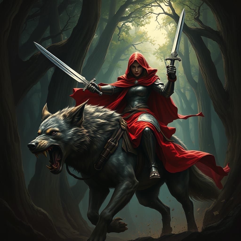 Red Riding Hood Rides Wolf in Dark Fantasy Forest