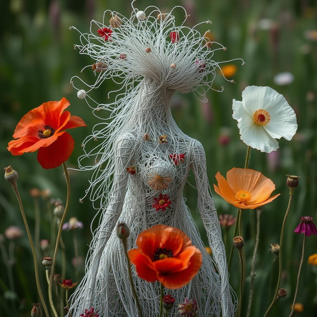 Ephemeral Eco-Art: Woman of Strings and Poppies