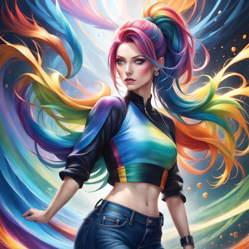 Rainbow-Haired Woman with Blue Eyes in Splash Art
