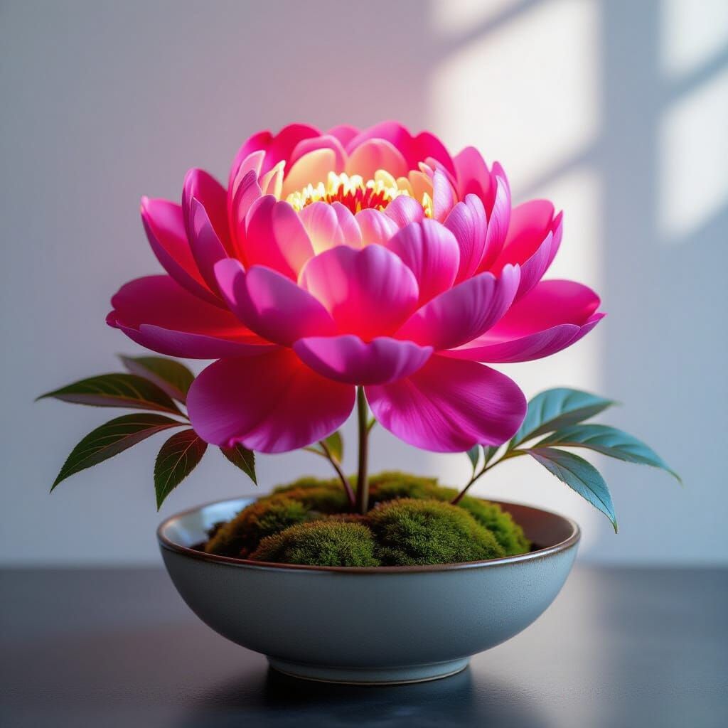 Giant Fuchsia Neon Peony with Glowing Maple Leaves