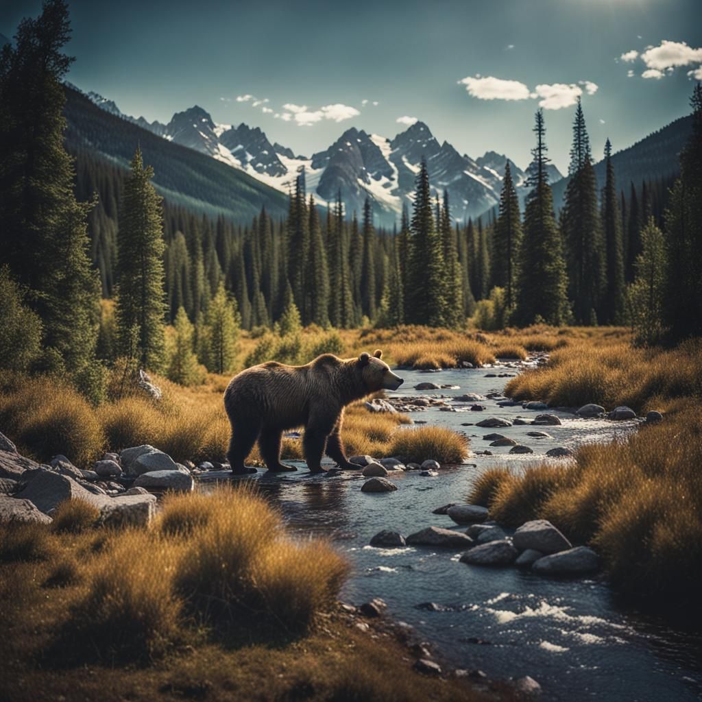Grizzly Bear in Mountain Stream: A Cinematic Scene