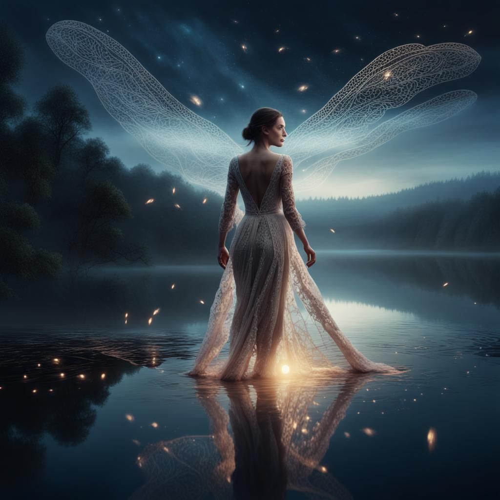 Lace Adorned Woman by Misty Lake in Moonlight