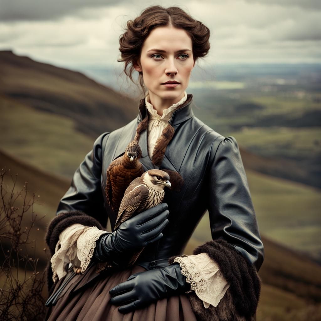 Victorian Woman with Falcon in Scottish Highlands
