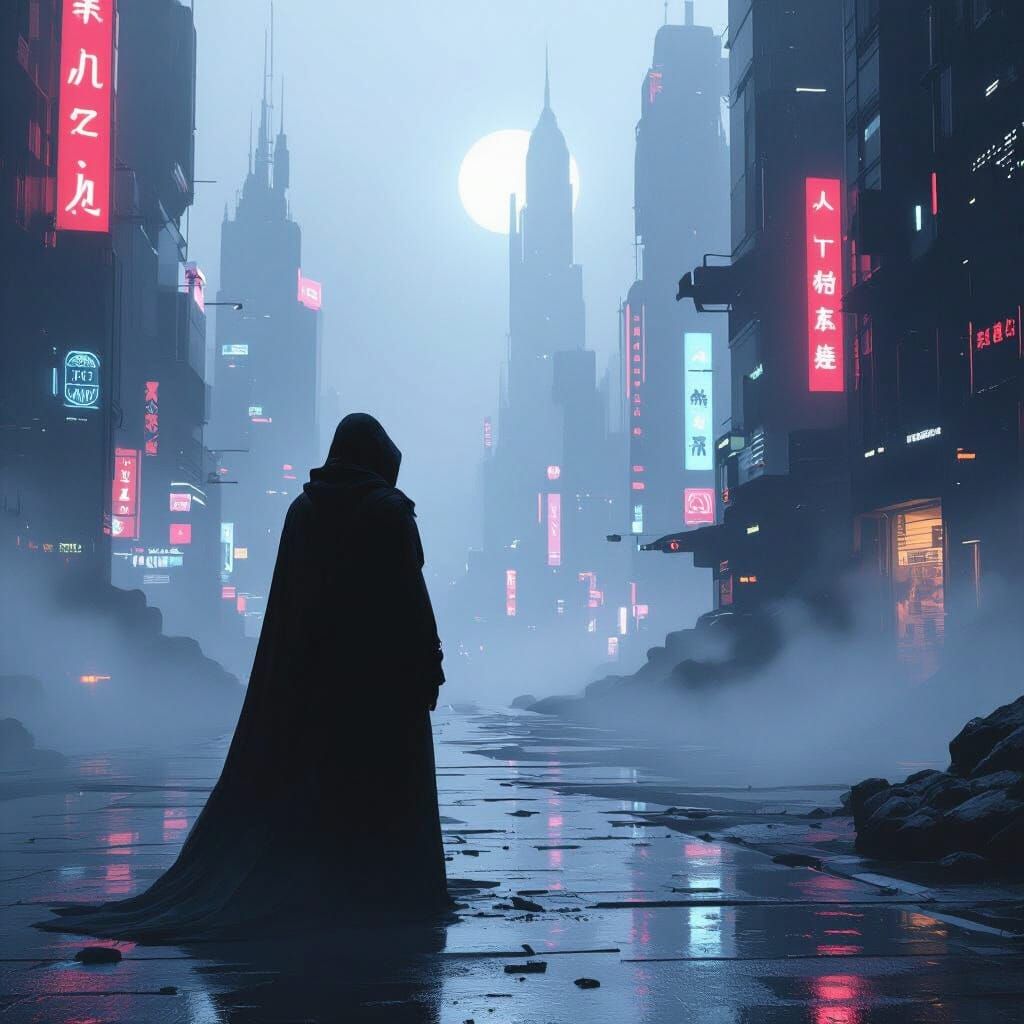 Eerie Solitary Figure in Dreamlike Sci-Fi Landscape