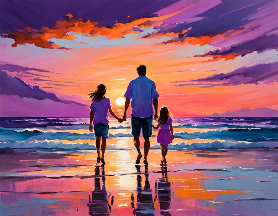 Family Beach Walk at Sunset: Impressionist Style Painting