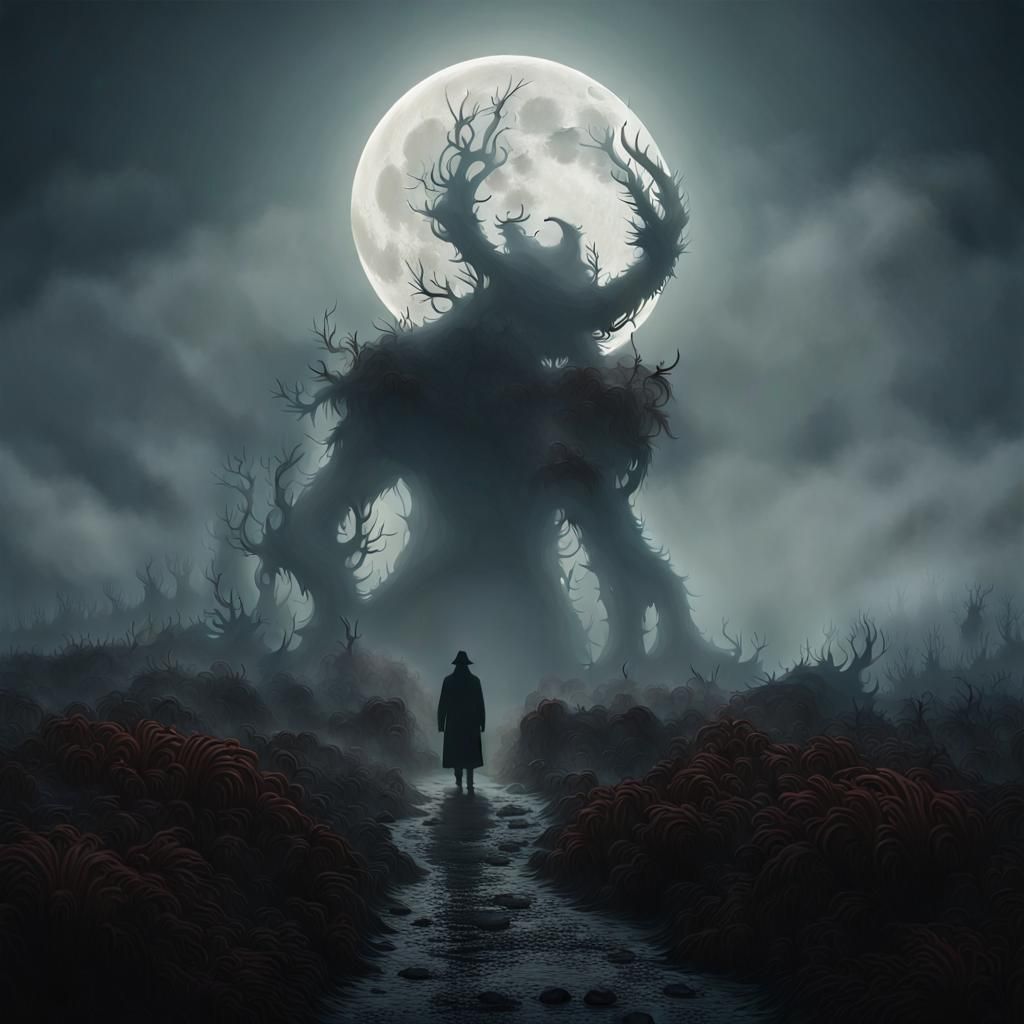 Mysterious Dark Moor Landscape with Monstrous Creature