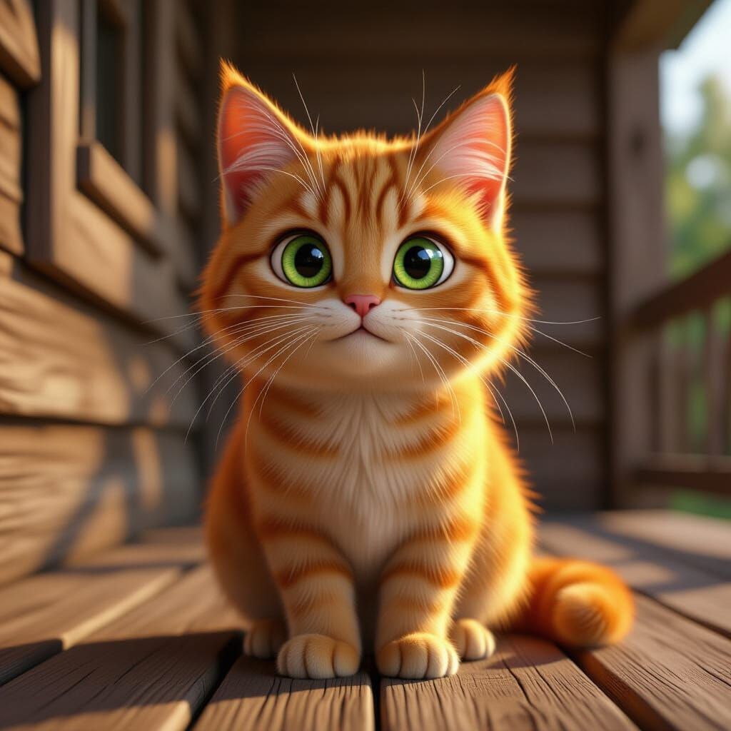 Funny Orange Cat with Big Eyes on Porch