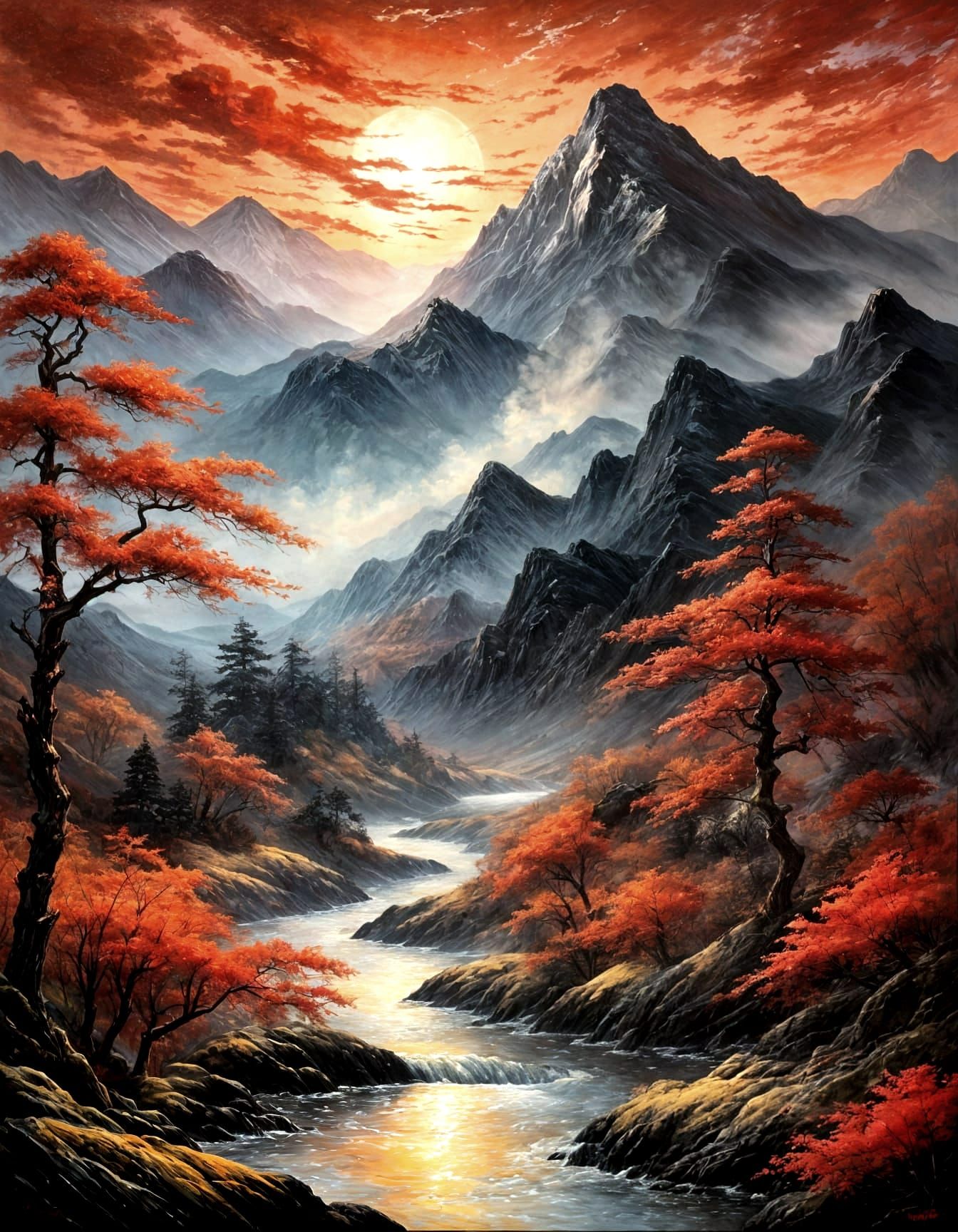 Japanese Oil Painting of Mountain Sunset