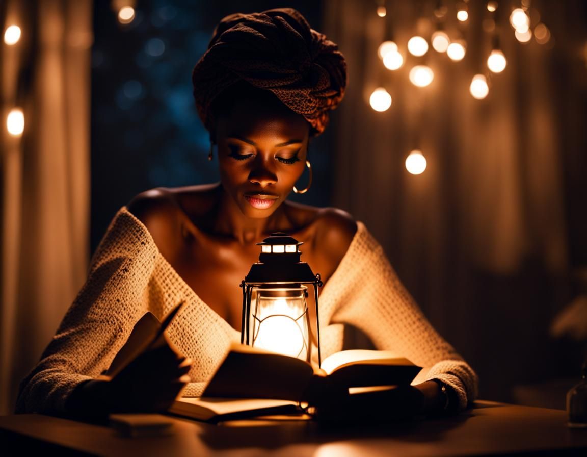 Woman Reading by Lantern Light at Night