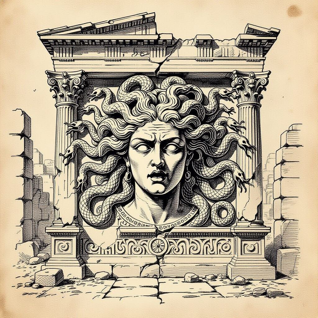 Gorgon Frieze Sketch in Ancient Temple Ruins