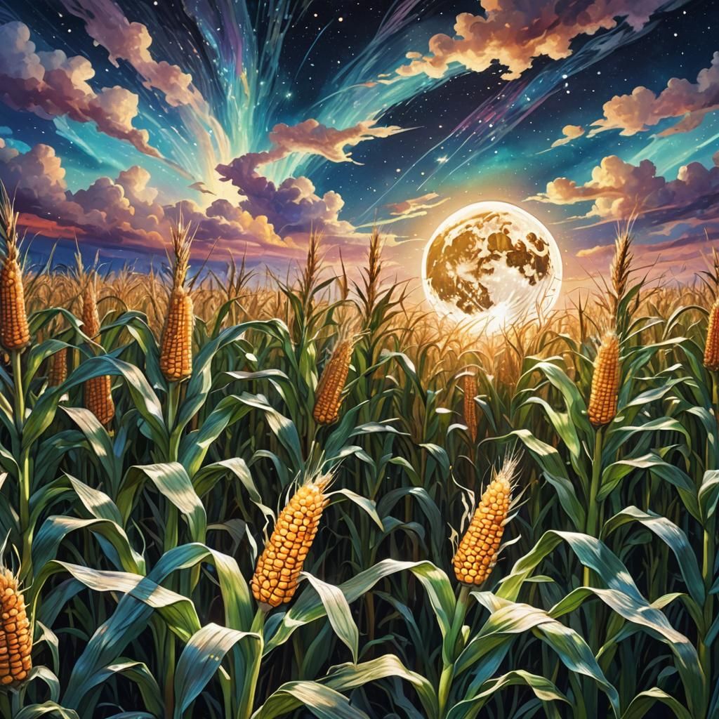 Cosmic Moonlit Cornfield: An Acrylic and Digital Dreamscape