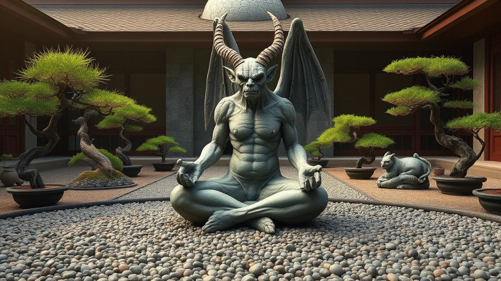 Meditating Gargoyle in Zen Garden, Surreal Art