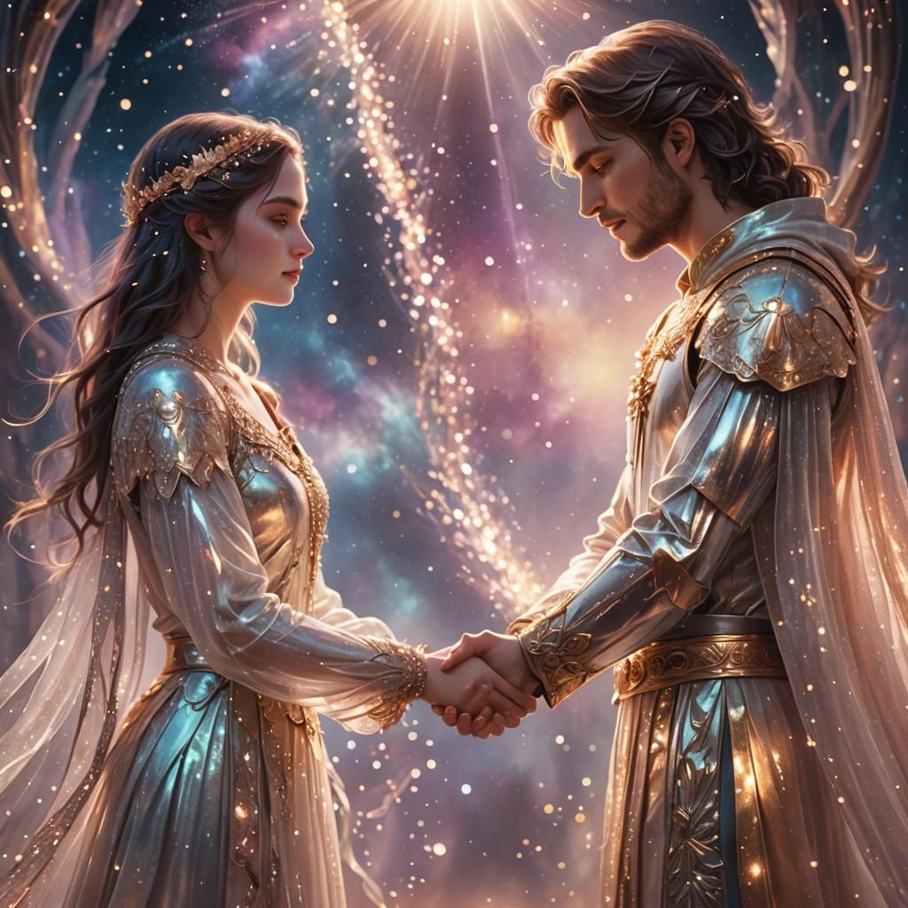 Lovers at Shimmering Gate in Celestial Fantasy Art