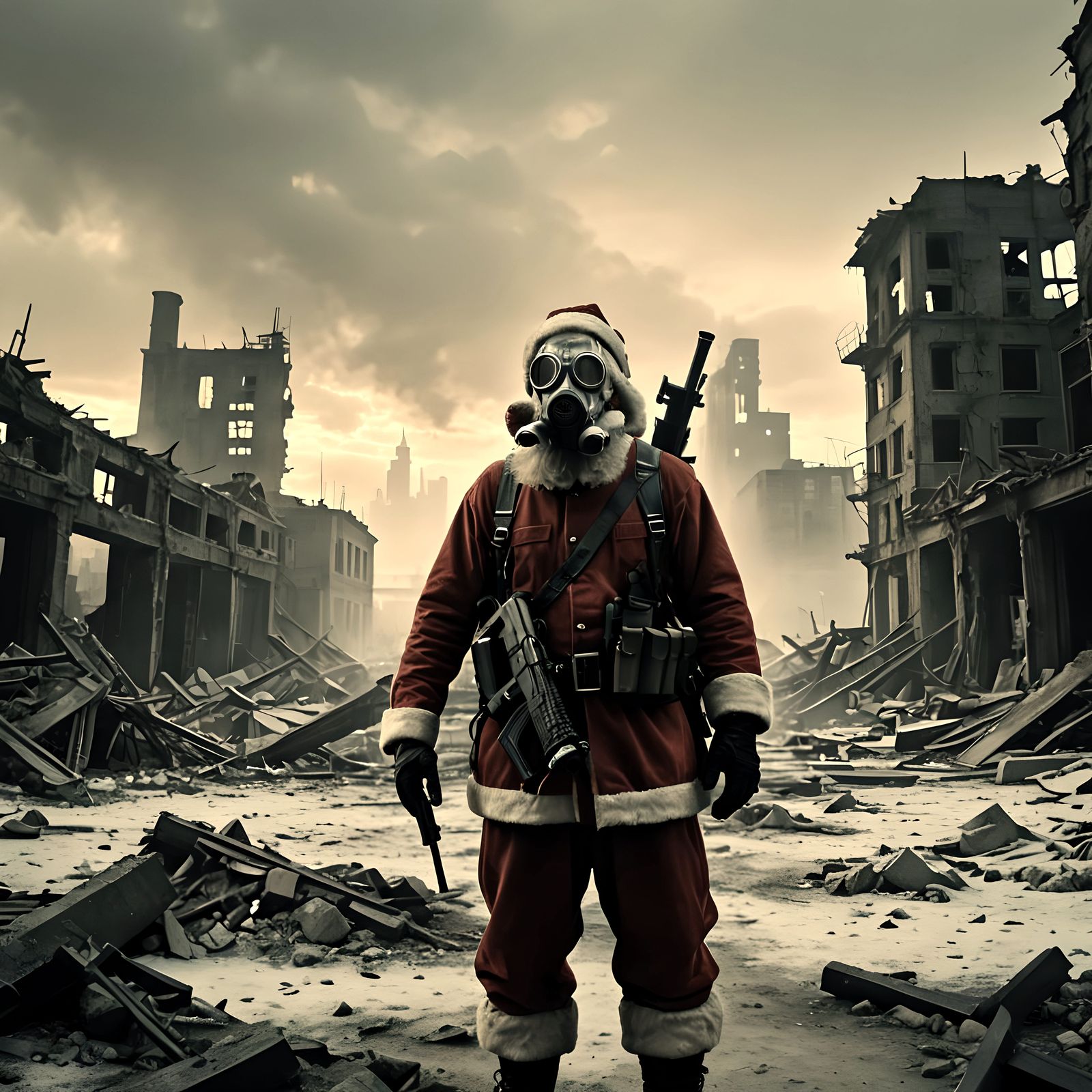 Santa in Dystopian War Zone: Surreal Sci-Fi Art