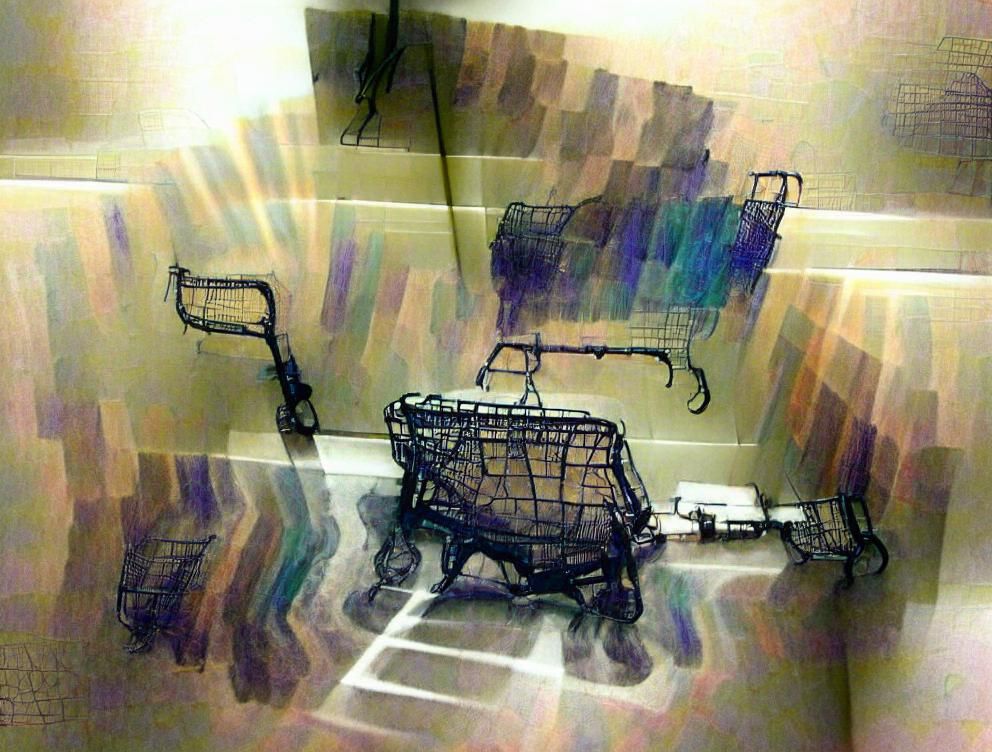Shopping Cart in Bathroom: Bizarre Ink Drawing