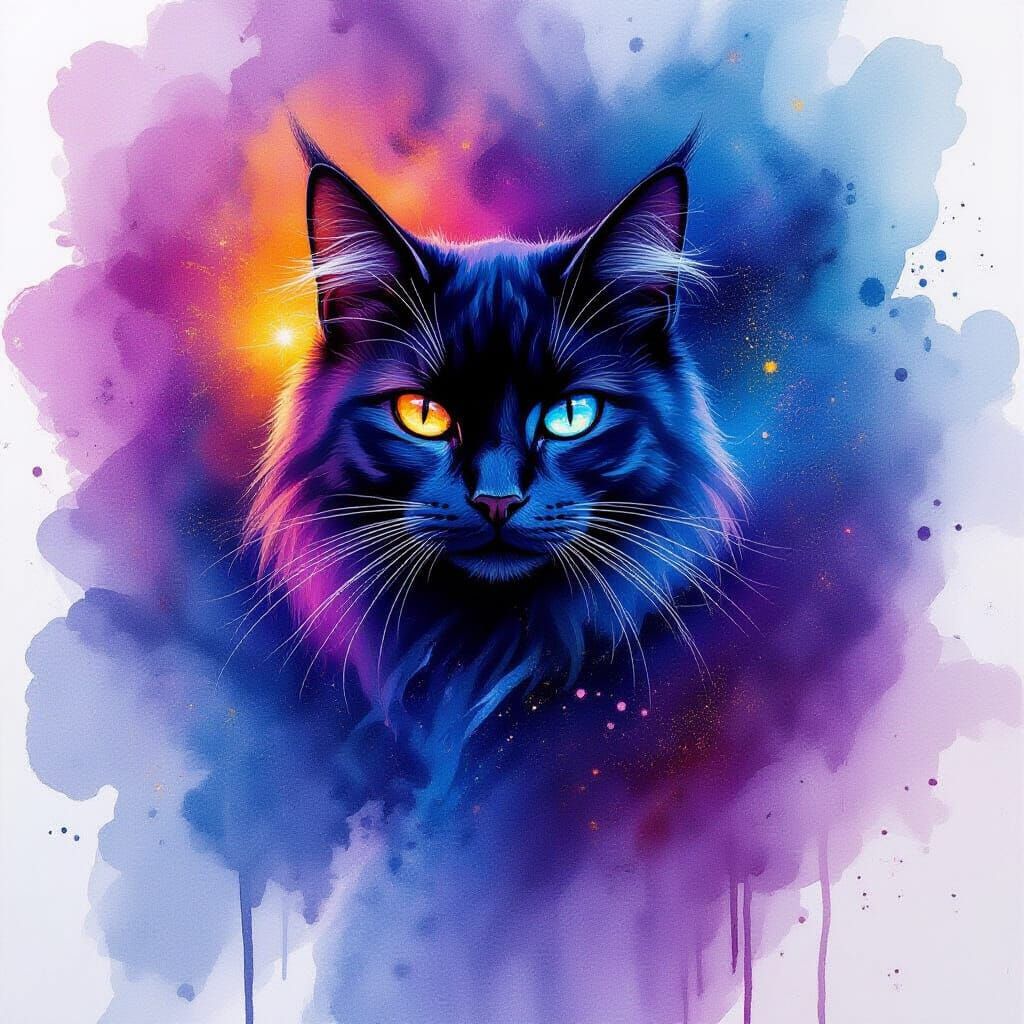 Fierce Cat Amidst Cosmic Watercolor Splashes