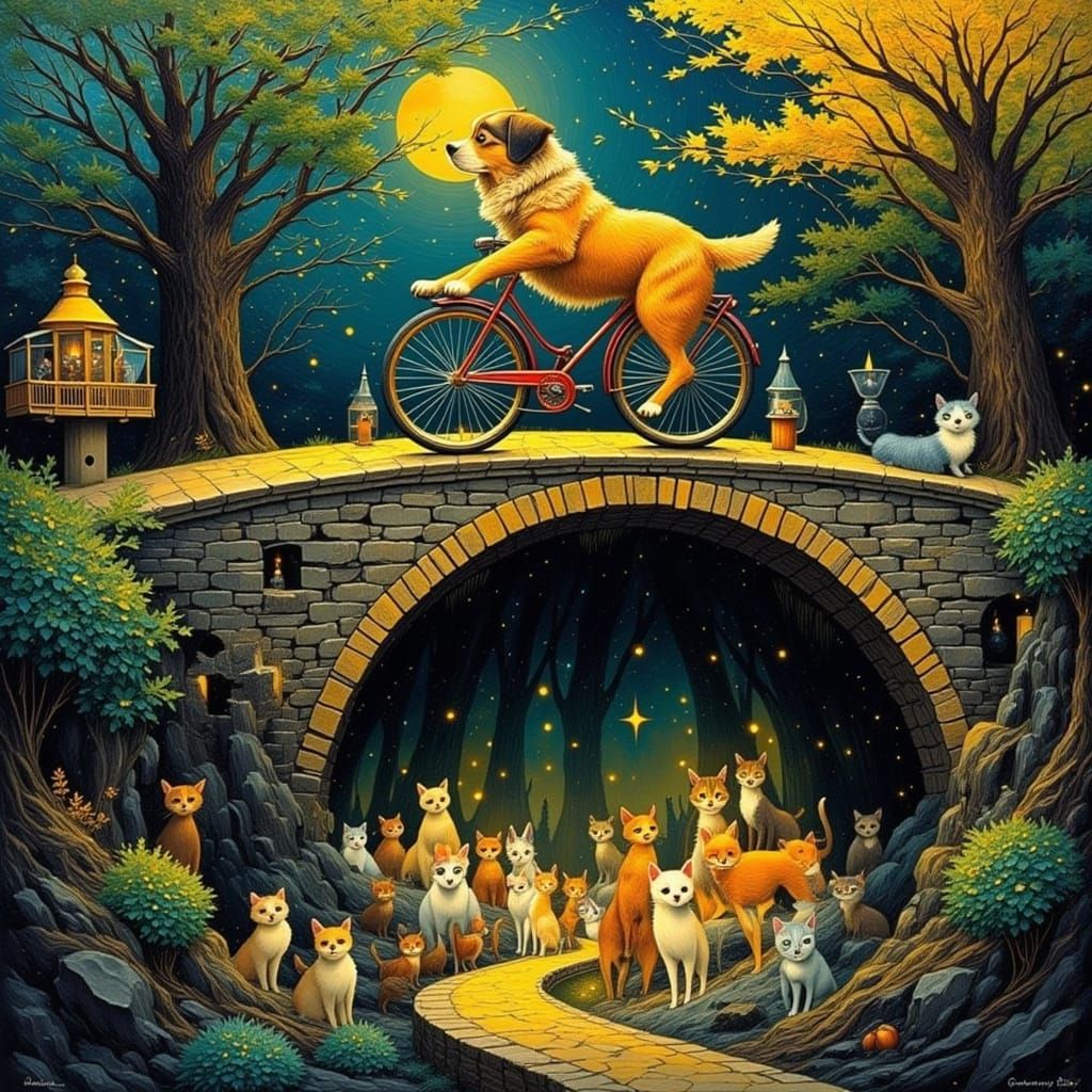Golden Retriever Rides Bike Over Bridge, Cat Cavern Below