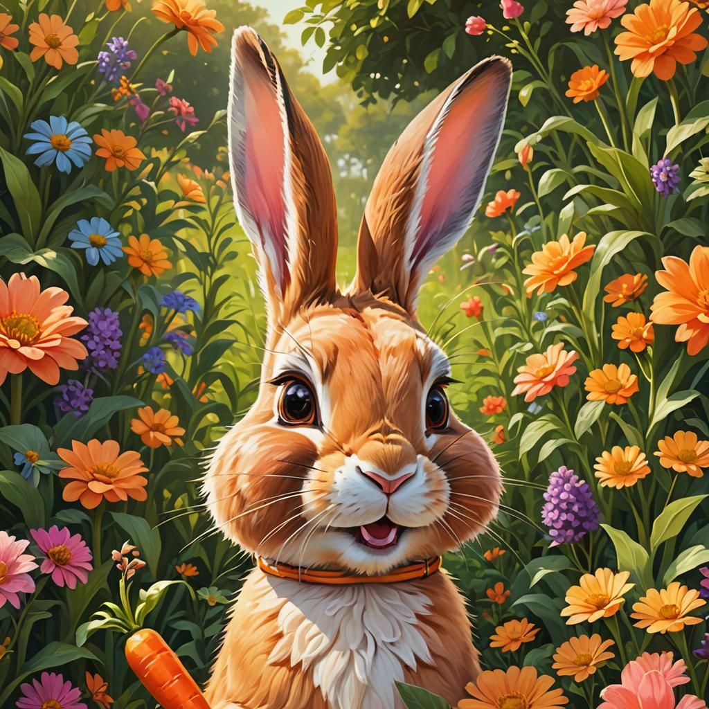 Anthropomorphic Rabbit in Garden: Whimsical Digital Portrait