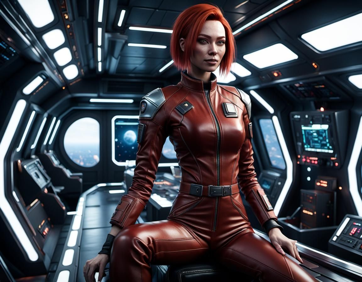 Young girl, tall, slim, sharp fine lines of the face, looks like Voynon Ryder, red straight hair, brownish-red leather c...