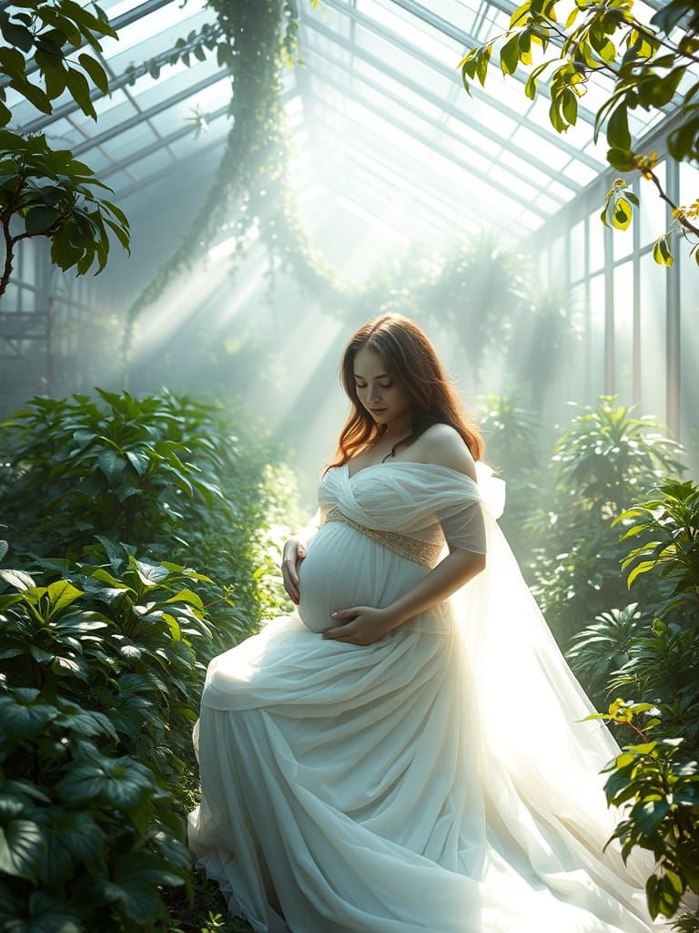 Pregnant Woman in Greenhouse with Ethereal Lighting