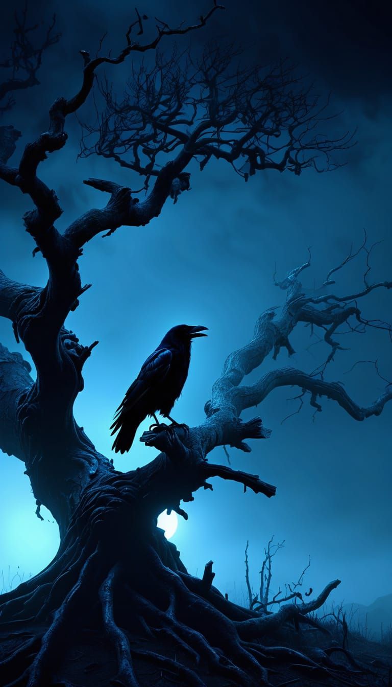 Dark Fantasy Gothic Romance with Raven in Moonlit Clearing
