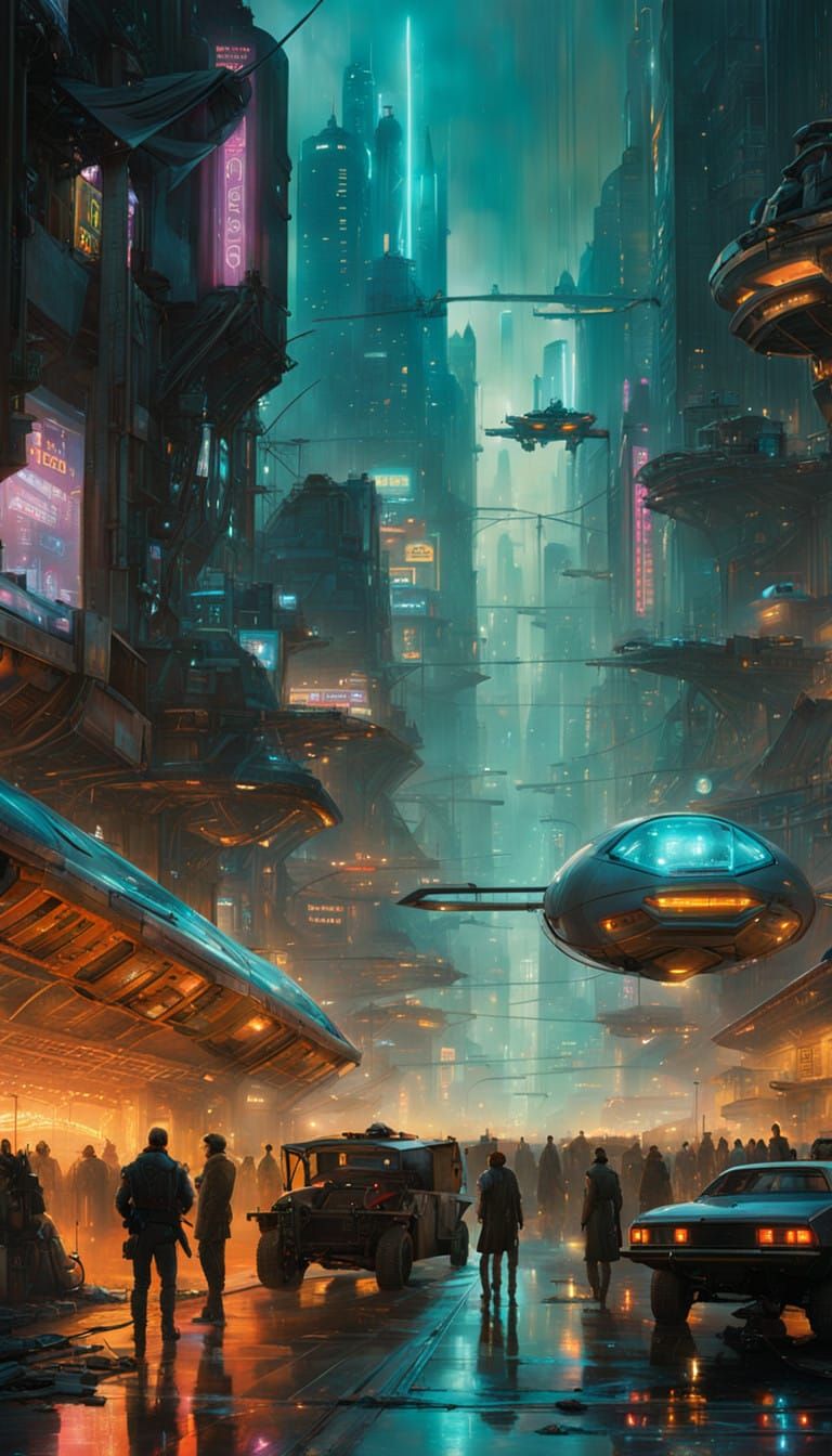 Cyberpunk Dystopian Cityscape at Night with Flying Vehicles