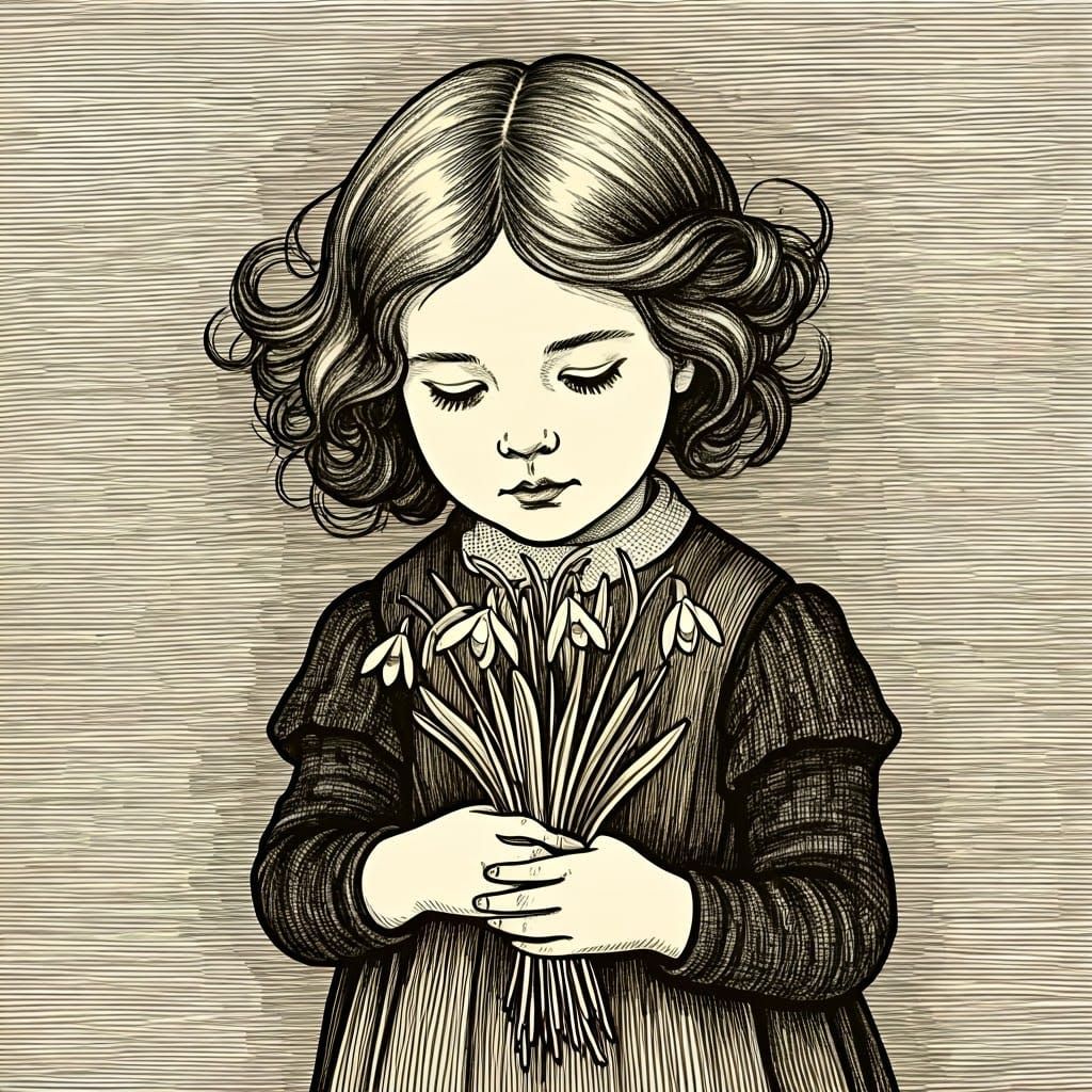 Girl with Snowdrops in Realist Line Art