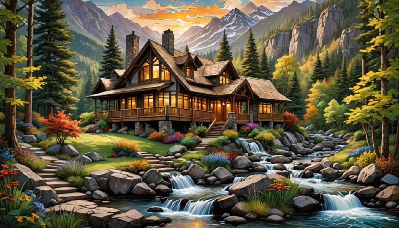 Stained Glass Mountain Cabin in Tiffany Style