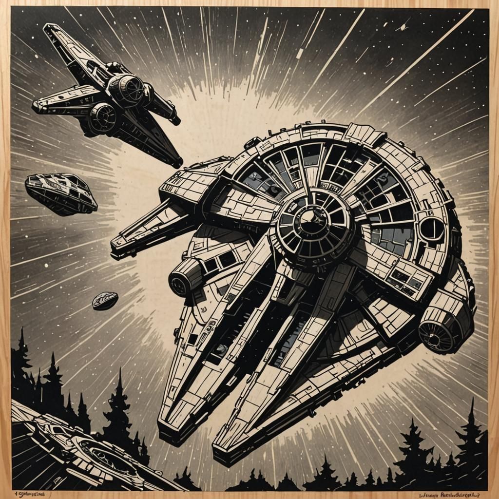 Millennium Falcon in Hyperspace: Wood Block Print