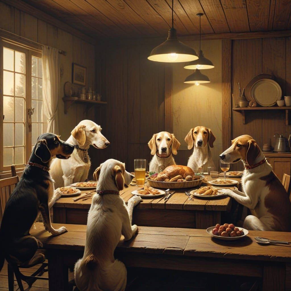 Whimsical Hounds Gather Around a Rustic Feast