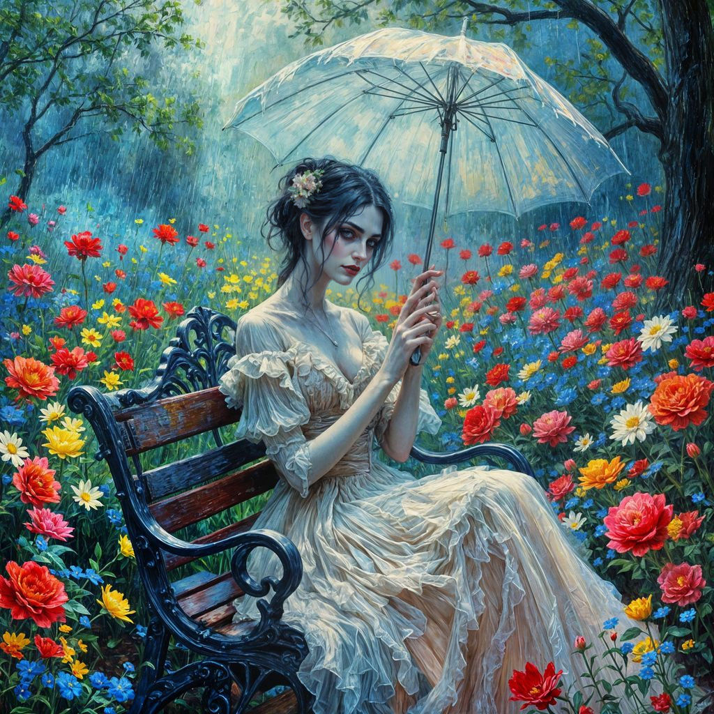 Ethereal Vampire Contemplates Rainy Night in Vibrant Neo-Imp...