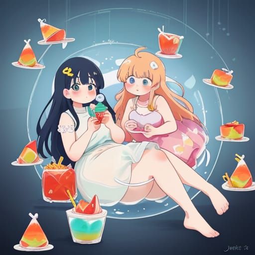 Anime Girls Eating Jell-O in Factory