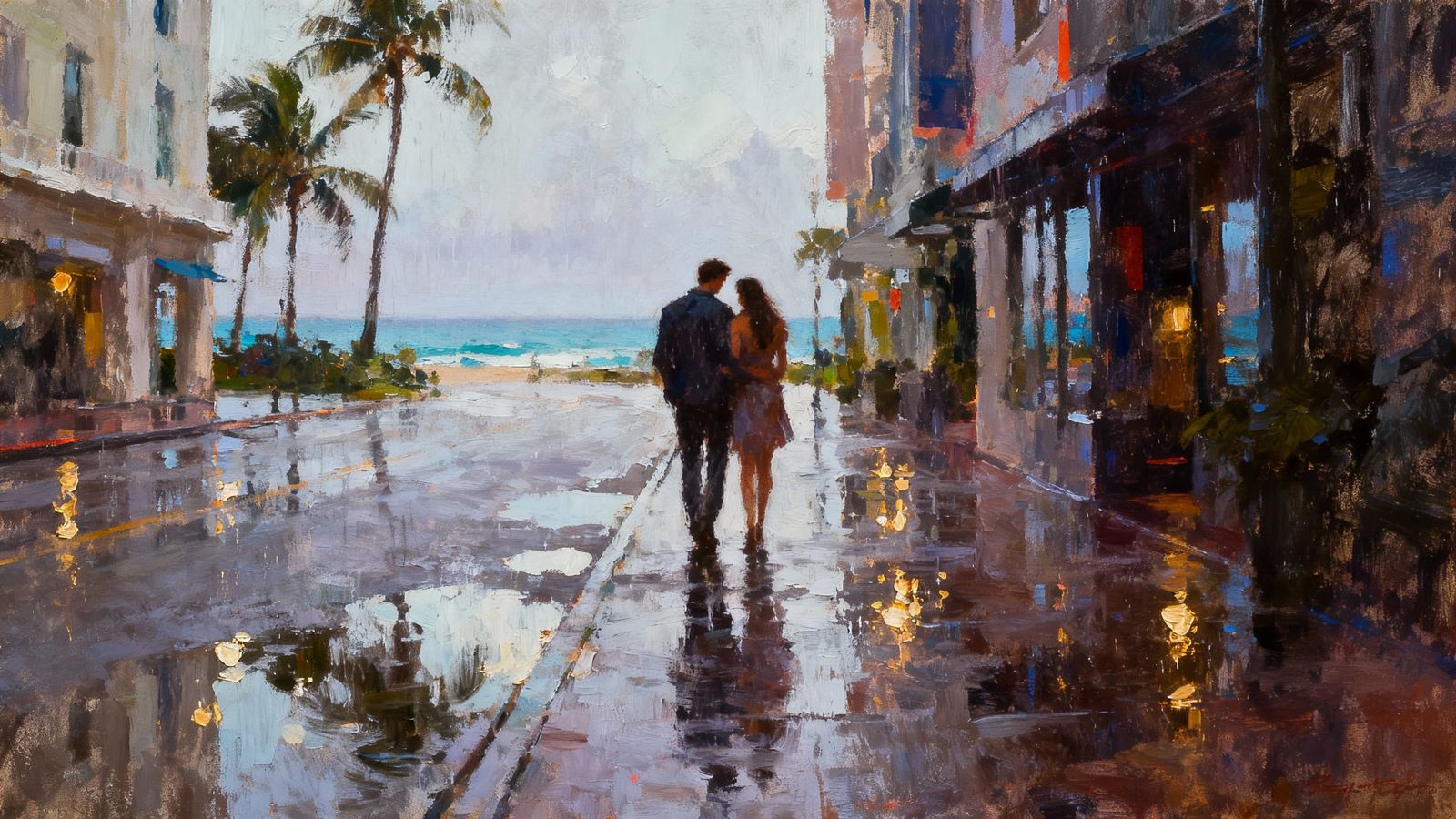 Romantic Rainy City Walk Oil Painting