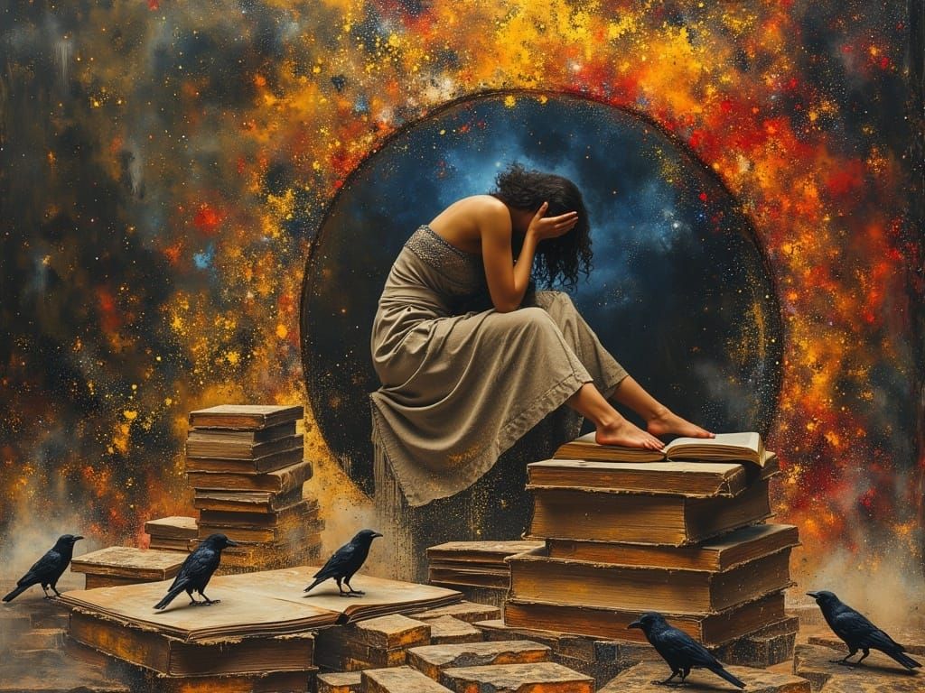 Surrealist Woman Blending into Cityscape, Dark Oil Painting