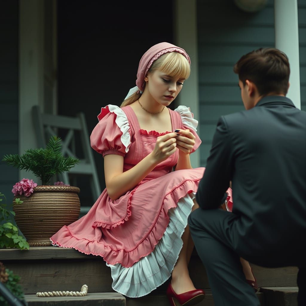 Feminine Guy in Vintage Apron Dress Embroidering on Porch