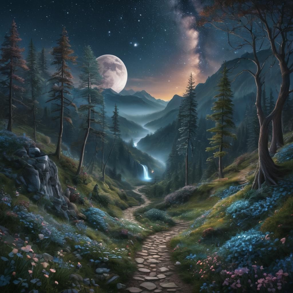 Ethereal Mountain Path to Fairy Forest at Night