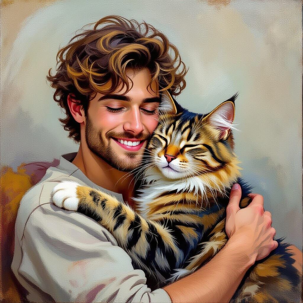 Cat Hugs Handsome Man in Impressionist Style
