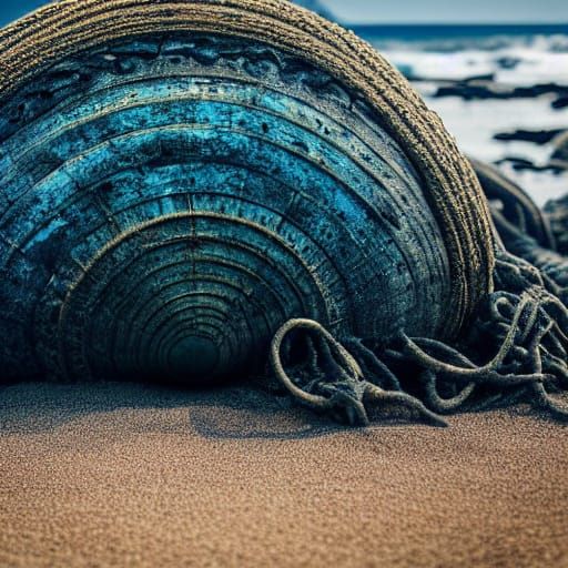 Giant Shell Beach in Lovecraftian Liminal Horror Style