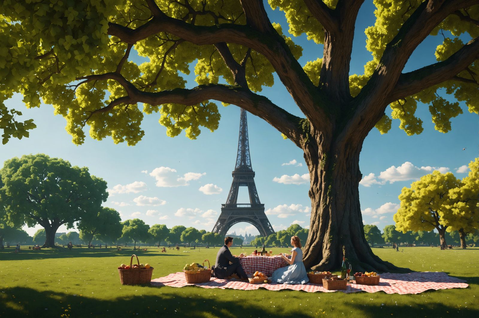 Romantic Picnic Under Eiffel Tower: Detailed Matte Painting
