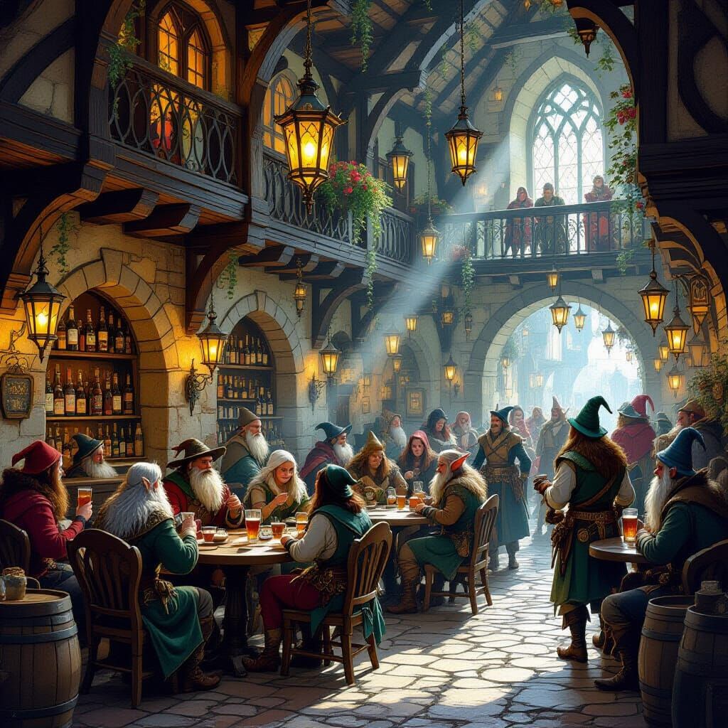 Fantasy Tavern Scene with Diverse Patrons and Magical Lighti...