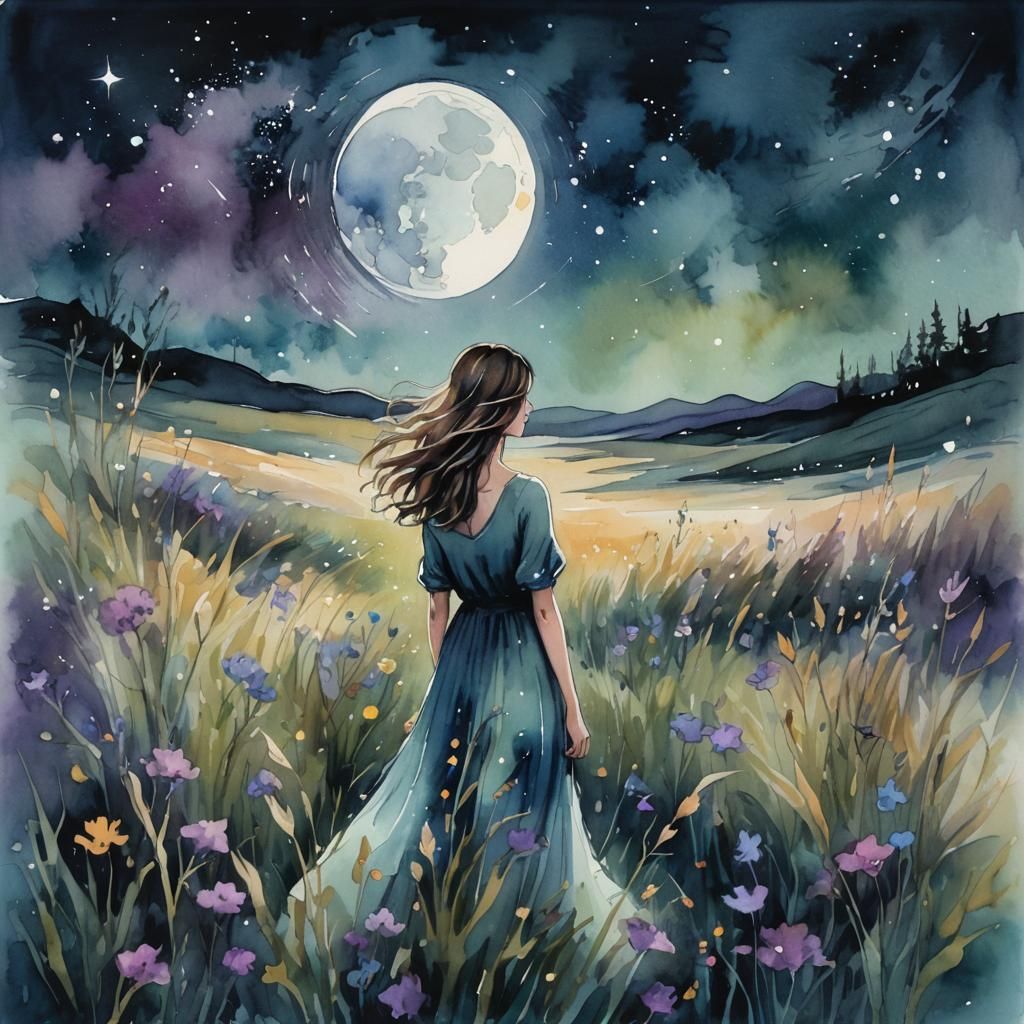 Dreamlike Watercolor Painting of Woman in Field