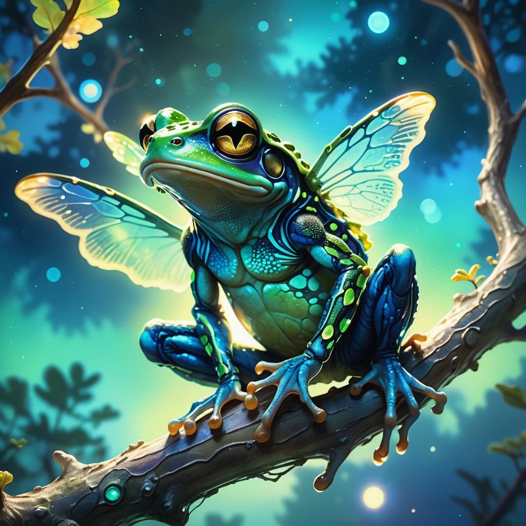 Flying Frog Alien in Bioluminescent Exoplanet Scene