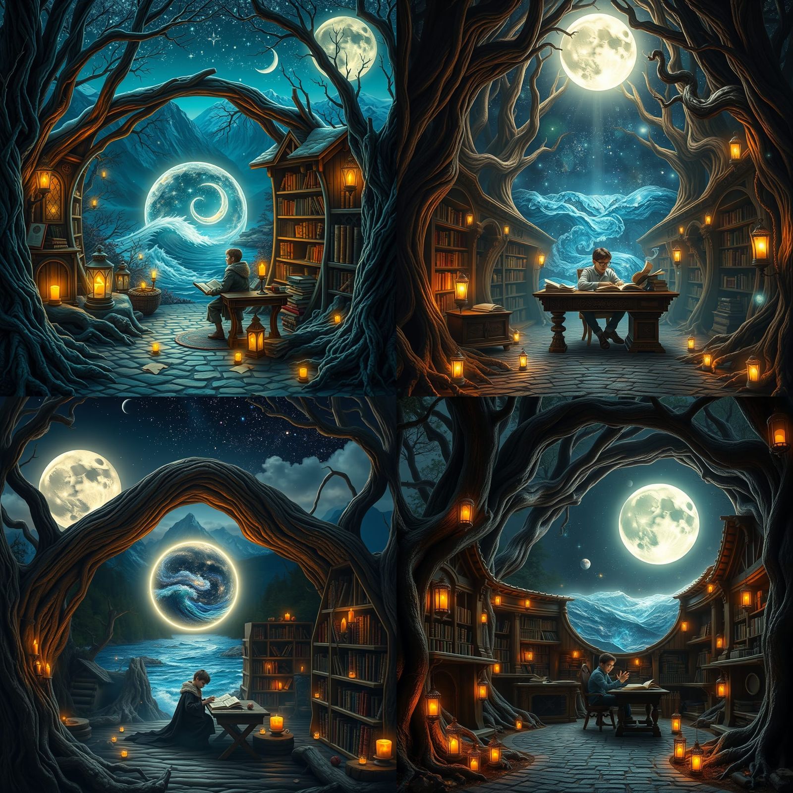 Dreamy Library Under Starry Night Sky with Majestic Mountain...