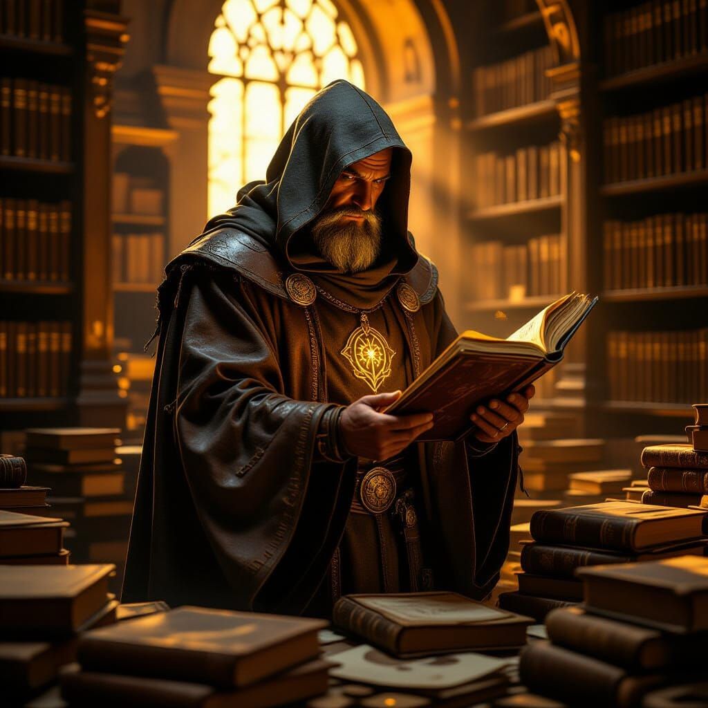 Ancient Archivist in Dimly Lit Library