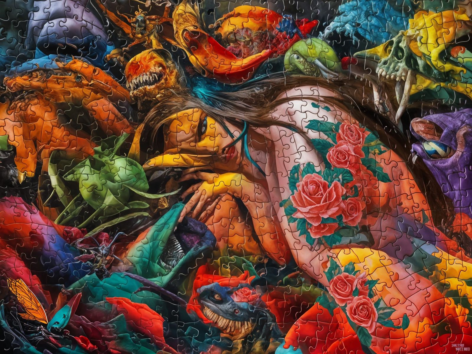 Surreal Jigsaw Puzzle with Monsters and Tattoo Art