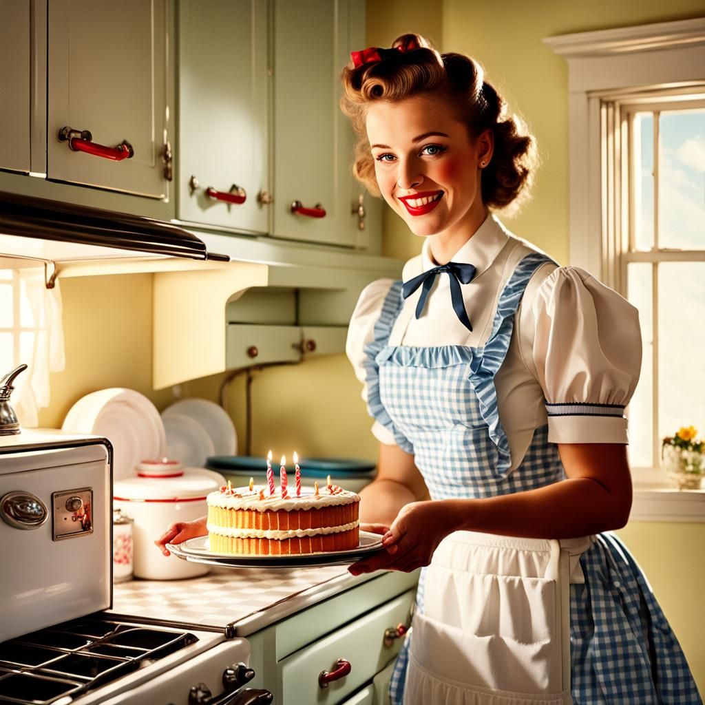 1950s Woman with Birthday Cake in Kitchen