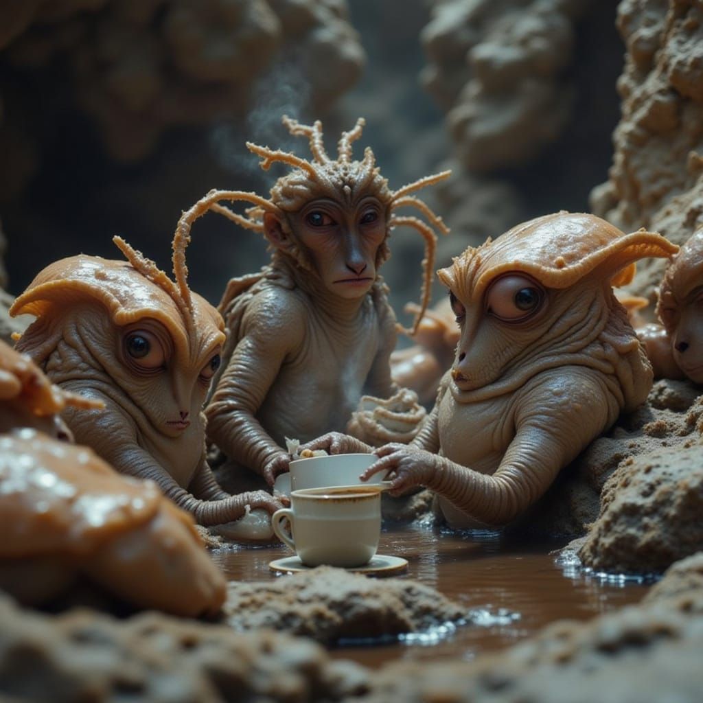 Astronaut Sips Tea Amidst Curious Bug Aliens in Cave