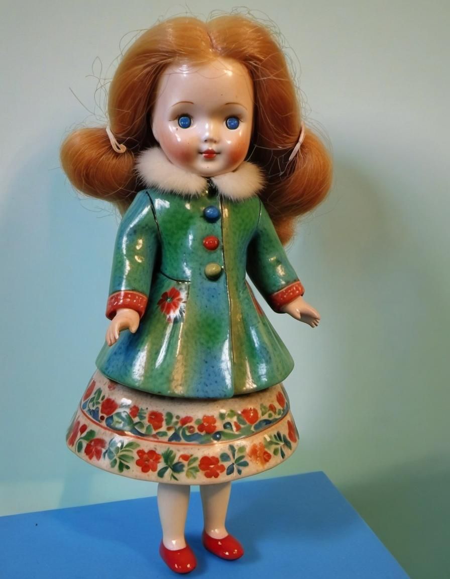 Adorable Faience Doll with Fur Coat