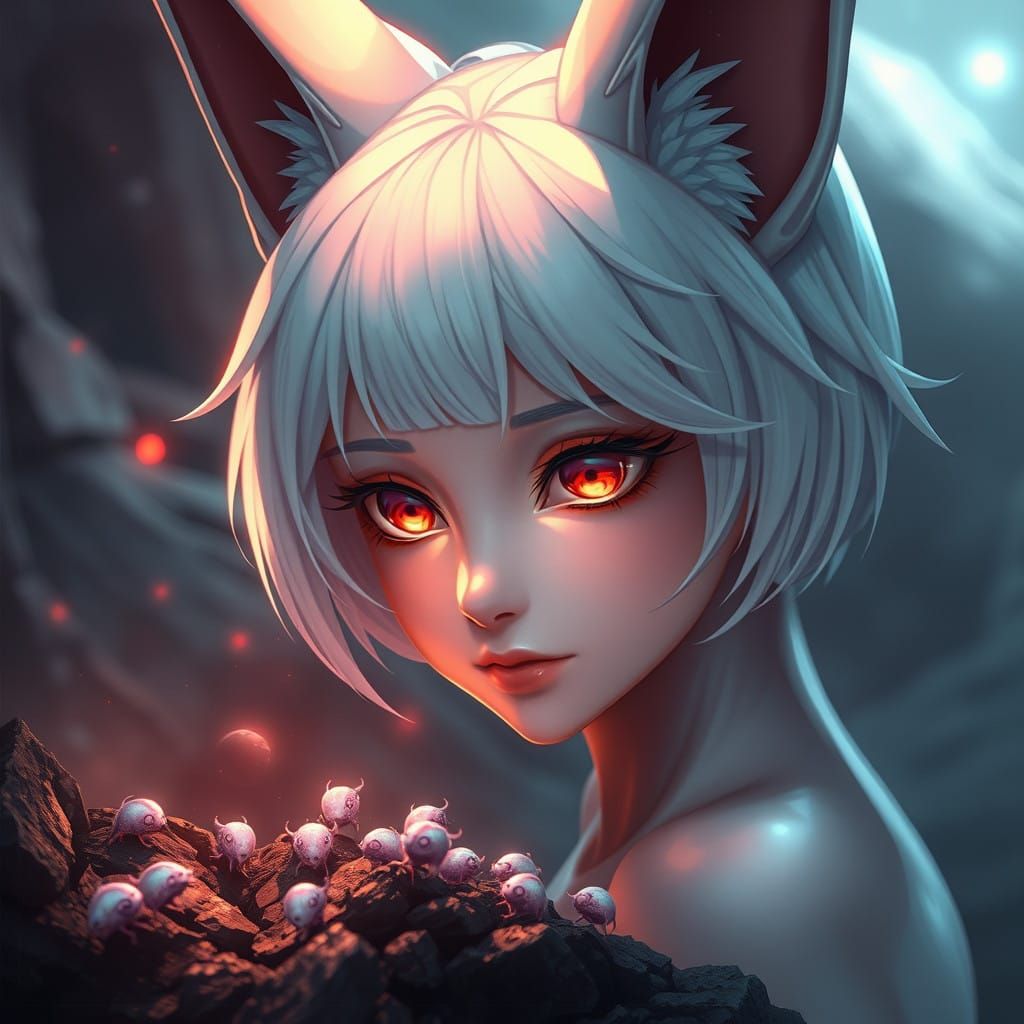 Ethereal Fox Maiden Amidst Alien Ruins