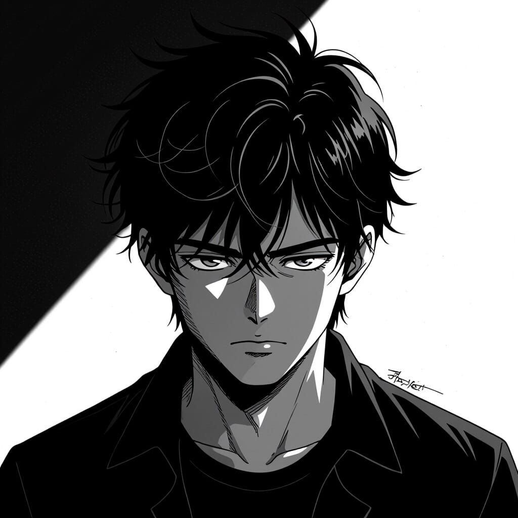 Anime Noir Portrait of Young Man with Shadowed Face